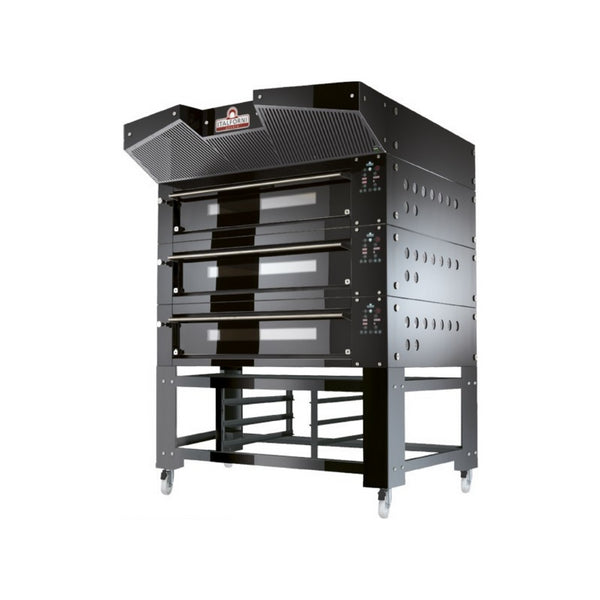 Four à pizza 2 niveaux digitales Gamme BULL - 2 x 12 pizzas - Hotte motorisée + support à roulettes - Finition rouge ou noir - 1632x1445x2080mm