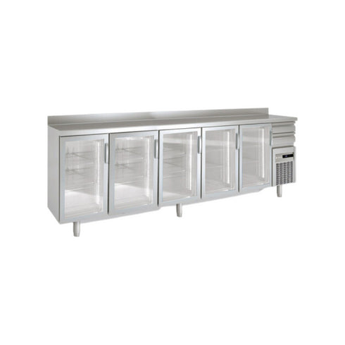 Arrière bar en inox 5 portes vitrées battantes +2/+8°C gamme TOP - 3070x600x850mm