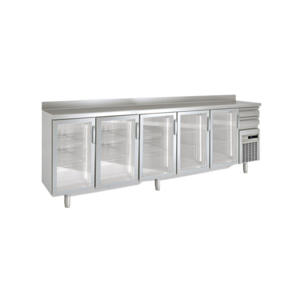 Arrière bar en inox 5 portes vitrées battantes +2/+8°C gamme TOP - 3070x600x850mm