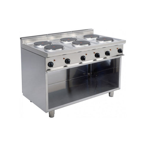 Cuisinière électrique 6 feux sur meuble ouvert 1200x700x850mm 15.6kW 400V