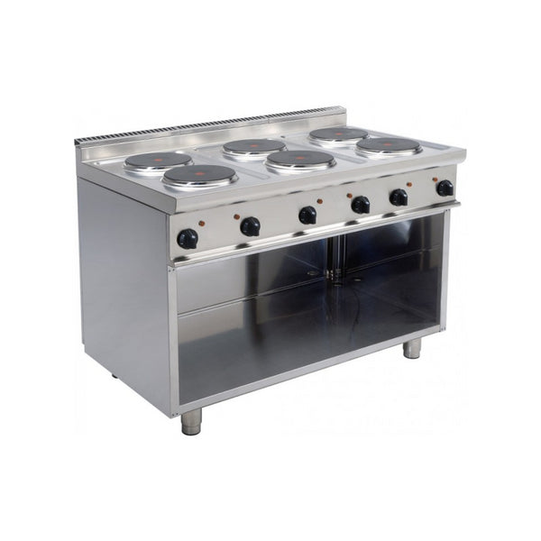 Cuisinière électrique 6 feux sur meuble ouvert 1200x700x850mm 15.6kW 400V