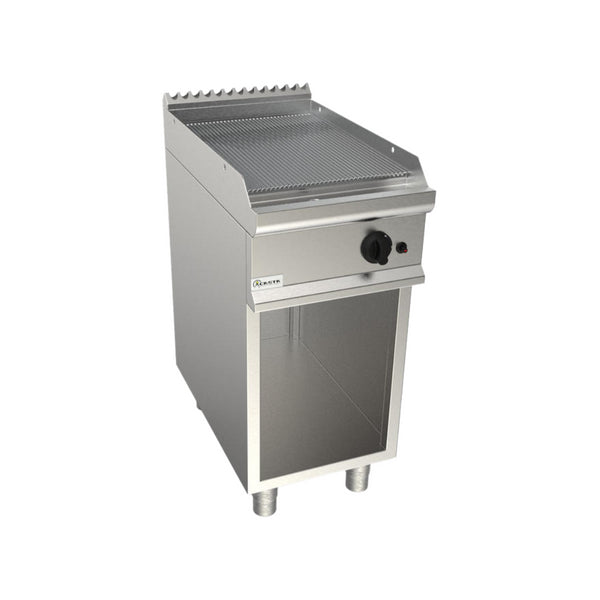 Plancha plaques à snacker rainurée chromée électrique sur meuble ouvert 400x700x850mm