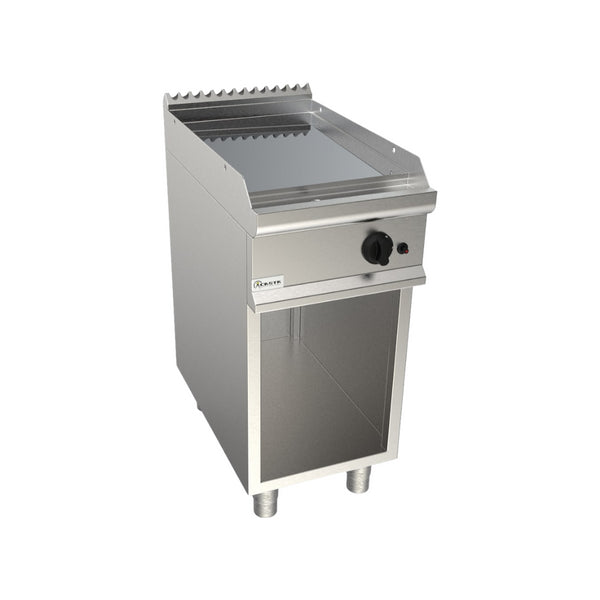 Plancha plaques à snacker lisse chromée à gaz sur meuble ouvert 400x700x850mm