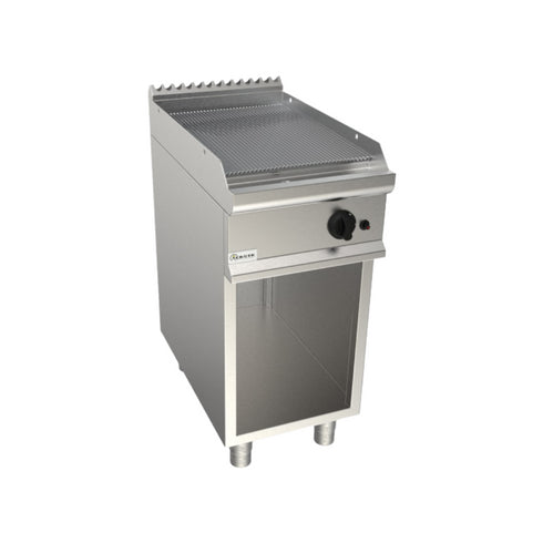 Plancha plaques à snacker rainurée chromée à gaz sur meuble ouvert 400x700x850mm