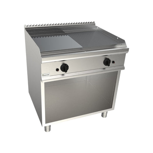 Plancha plaques à snacker lisse et rainurée chromée à gaz sur meuble ouvert 800x700x850mm