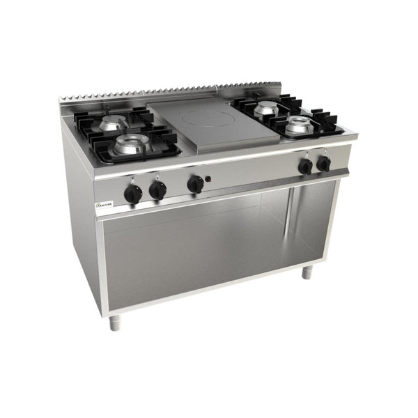 Cuisinière 4 feux + plaque coup de feu à gaz sur meuble ouvert 1200x700x270mm