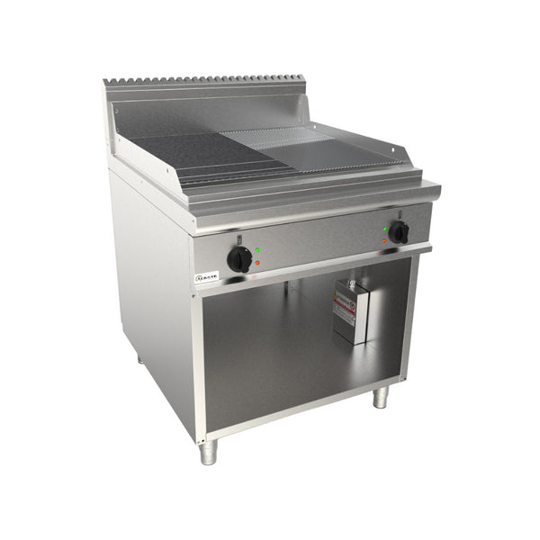 Plancha plaques à snacker lisse et rainurée chromée électrique sur meuble ouvert