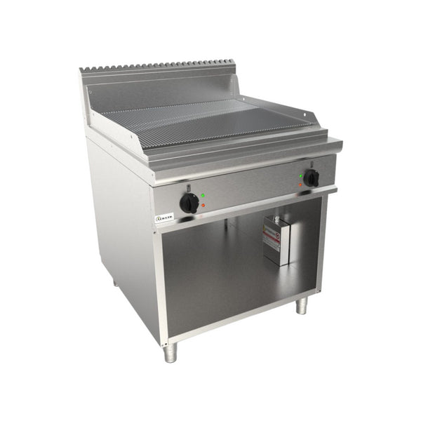 Plancha plaques à snacker rainurée chromée électrique sur meuble ouvert 800x900x850mm