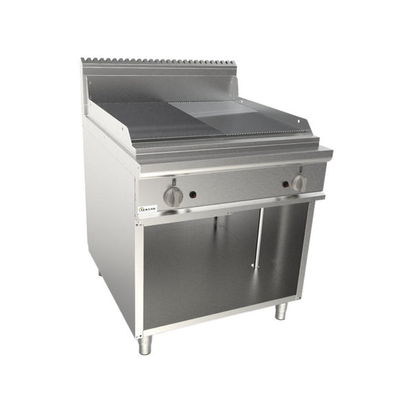 Plancha plaques à snacker rainurée chromée à gaz sur meuble ouvert 800x900x850mm