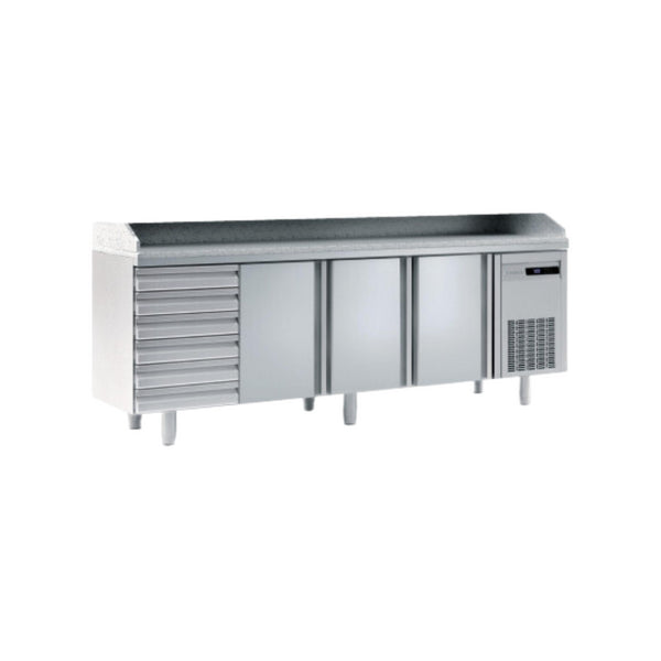 Meuble à pizza 700 réfrigérée positive 0/+8°C gamme TOP - 3 portes + 7 tiroirs neutres - 2245x600x850mm