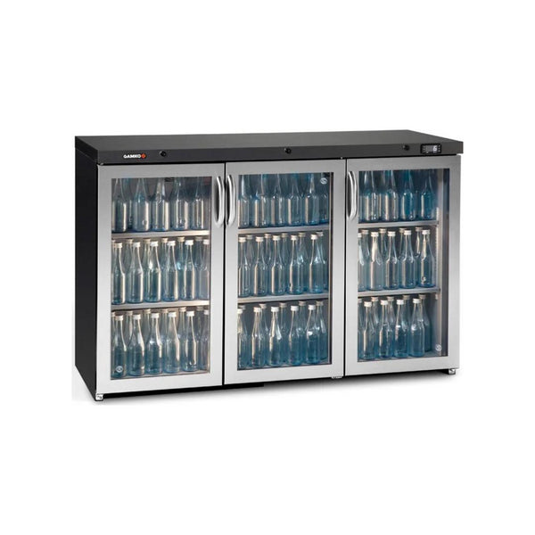 Arrière-bar 3 portes battantes vitrées finition inox