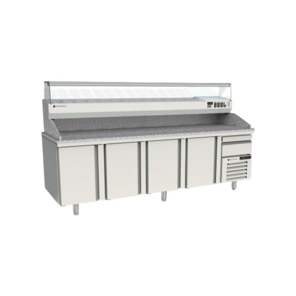 Meuble à pizza 800 réfrigérée positive 0/+8°C gamme TOP - 4 portes + tiroirs - 2615x800x850mm