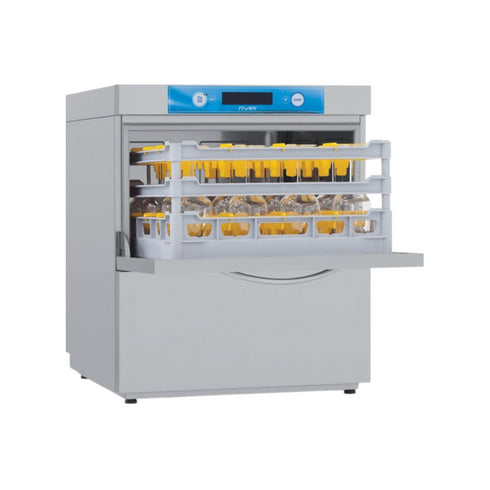 Lave verres RIVER - Panier 500x500mm - Passage : 285mm - Pompe de vidange de série - adoucisseur en continu - Triphasé 400V